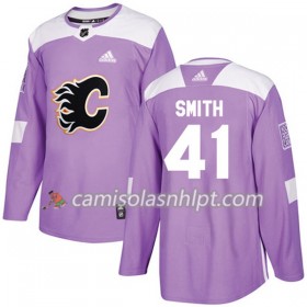 Camisola Calgary Flames Mike Smith 41 Adidas 2017-2018 Roxo Fights Cancer Practice Authentic - Homem
